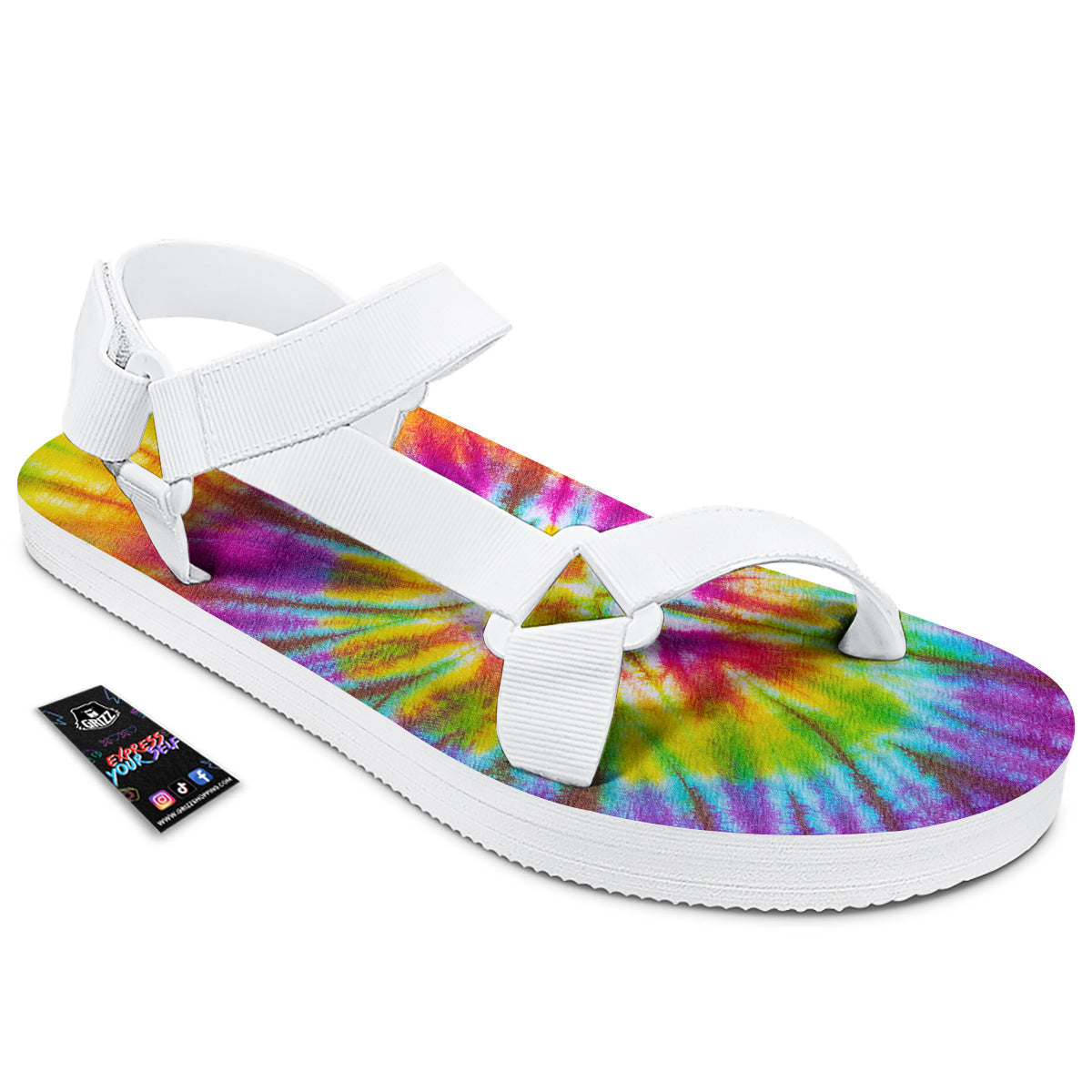 Tie Dye Colorful Hippie Print White Open Toe Sandals-grizzshop