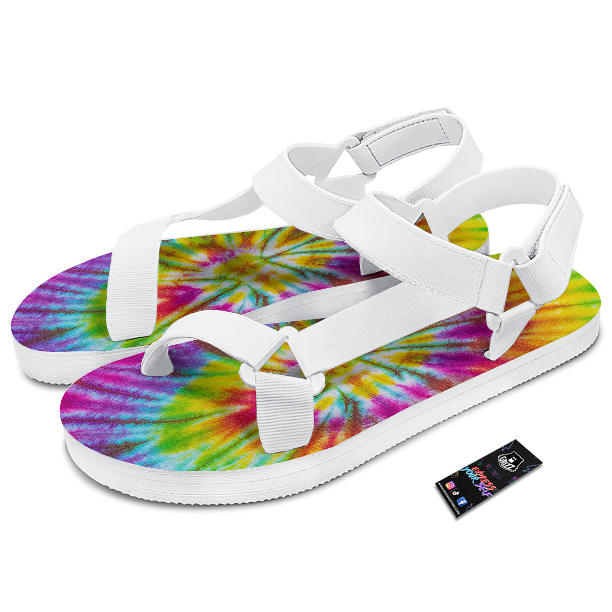 Tie Dye Colorful Hippie Print White Open Toe Sandals-grizzshop