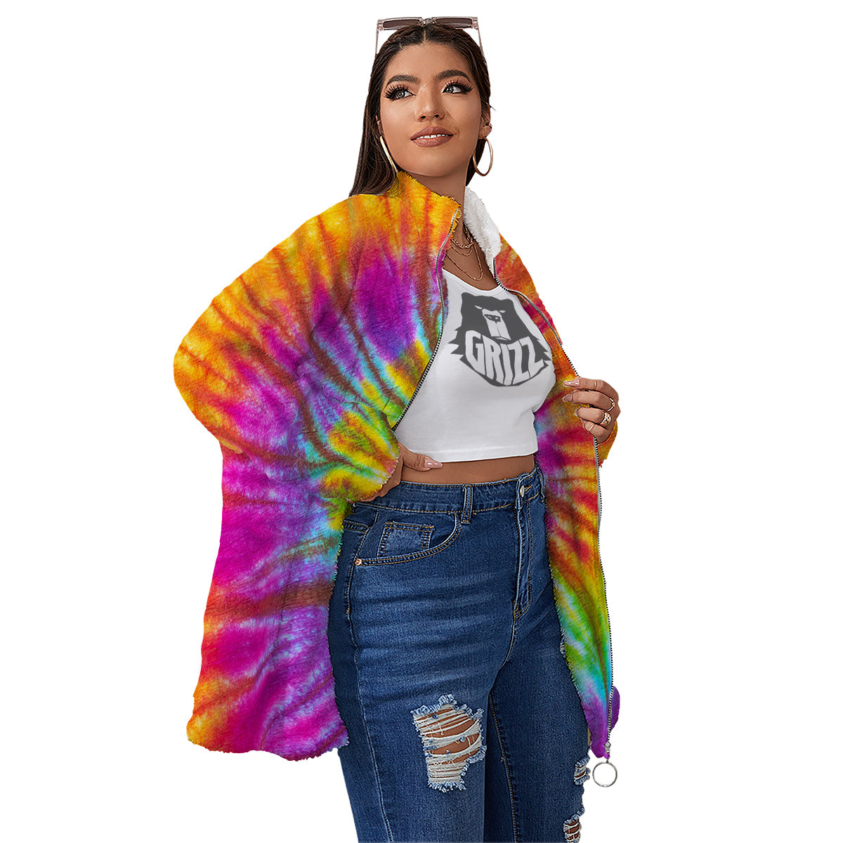 Tie Dye Colorful Hippie Print Women's Sherpa Jacket-grizzshop