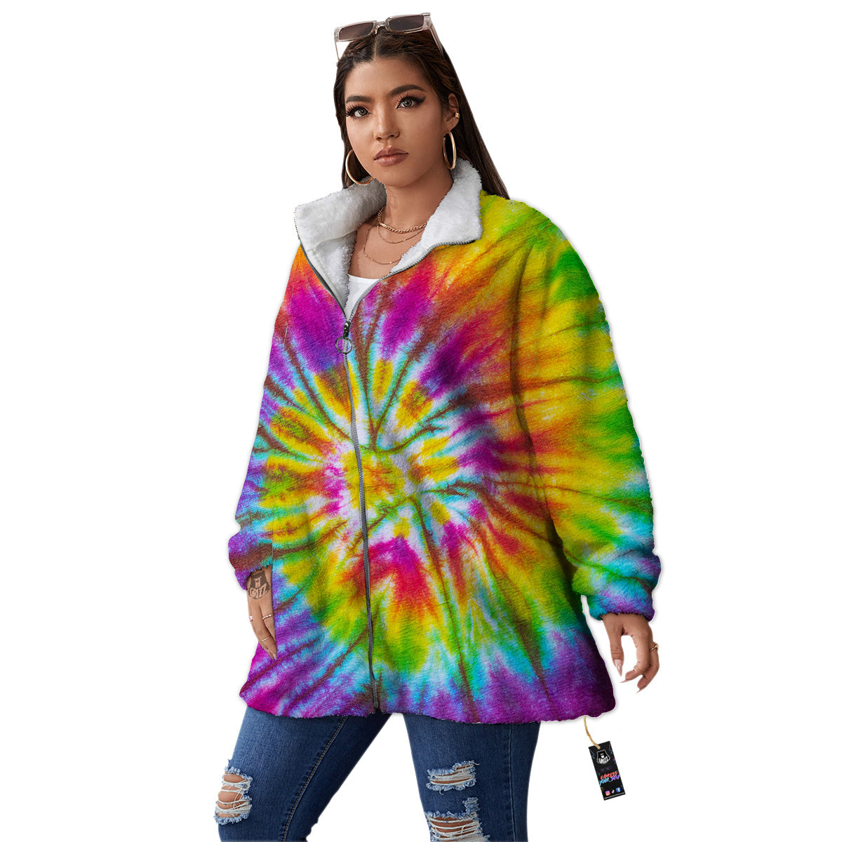 Tie Dye Colorful Hippie Print Women's Sherpa Jacket-grizzshop
