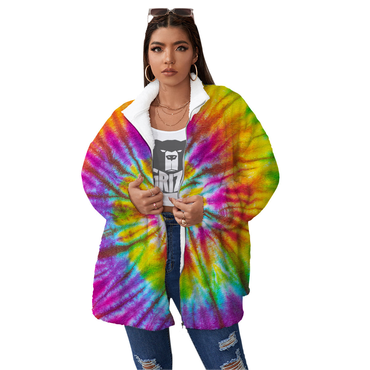 Tie Dye Colorful Hippie Print Women's Sherpa Jacket-grizzshop