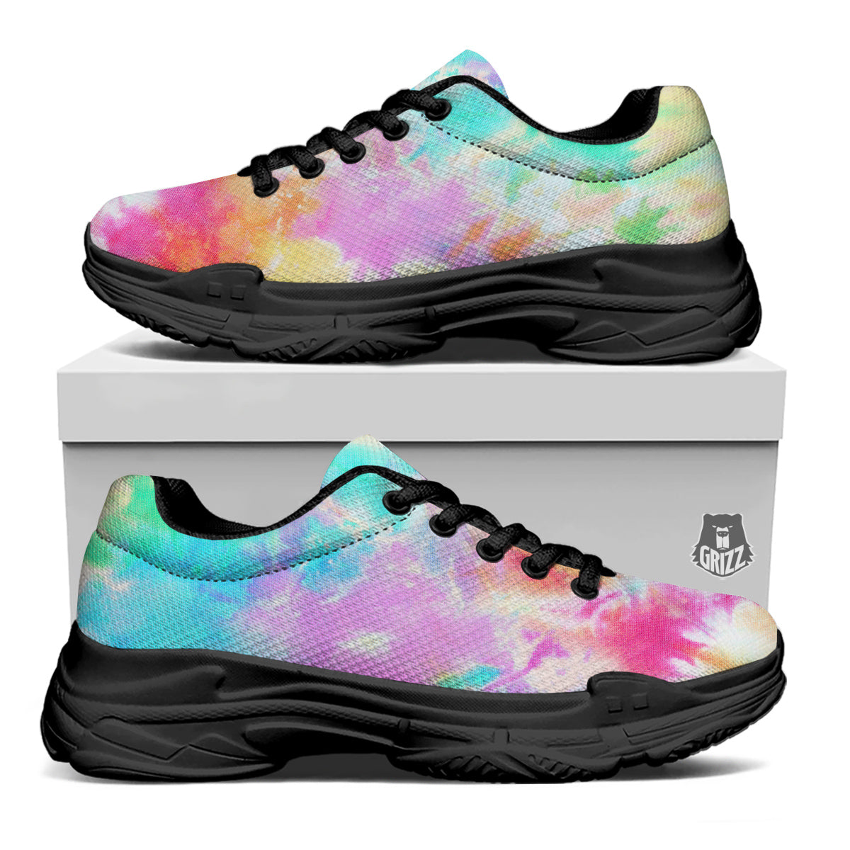 Tie Dye Colorful Print Black Chunky Shoes-grizzshop