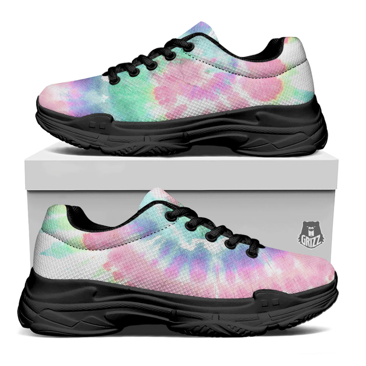 Tie Dye Colorful Spiral Print Black Chunky Shoes-grizzshop
