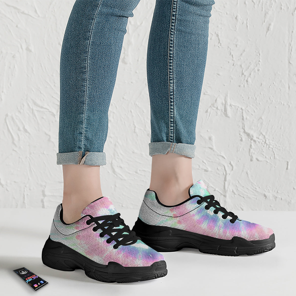 Tie Dye Colorful Spiral Print Black Chunky Shoes-grizzshop
