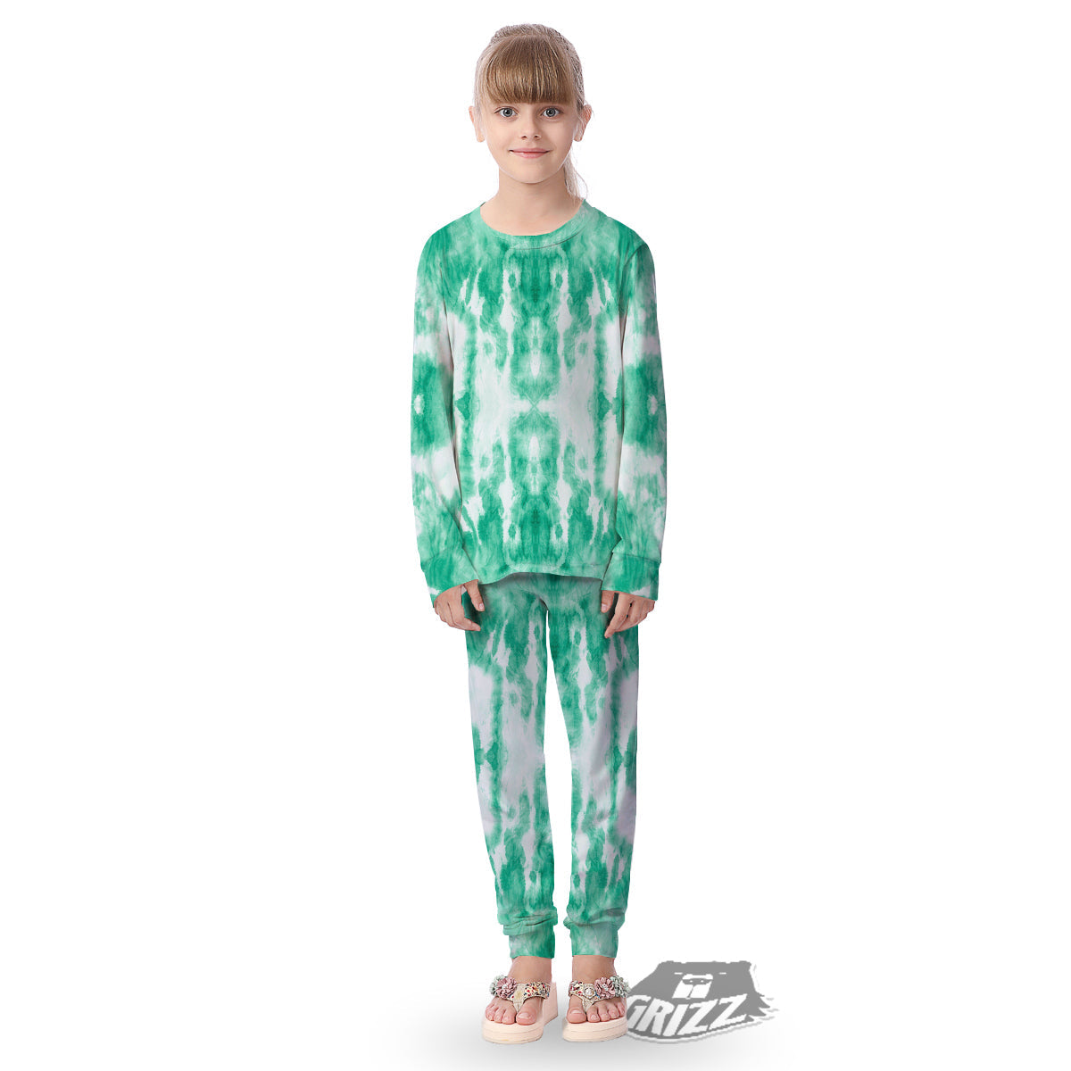 Tie Dye Mint Green Watercolor Print Kid's Pajamas-grizzshop
