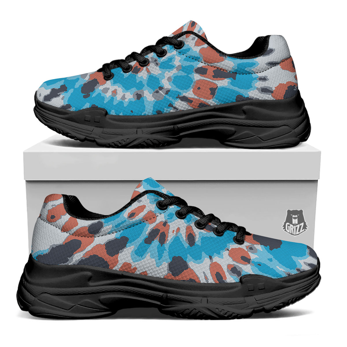 Tie Dye Orange And Blue Print Black Chunky Shoes-grizzshop