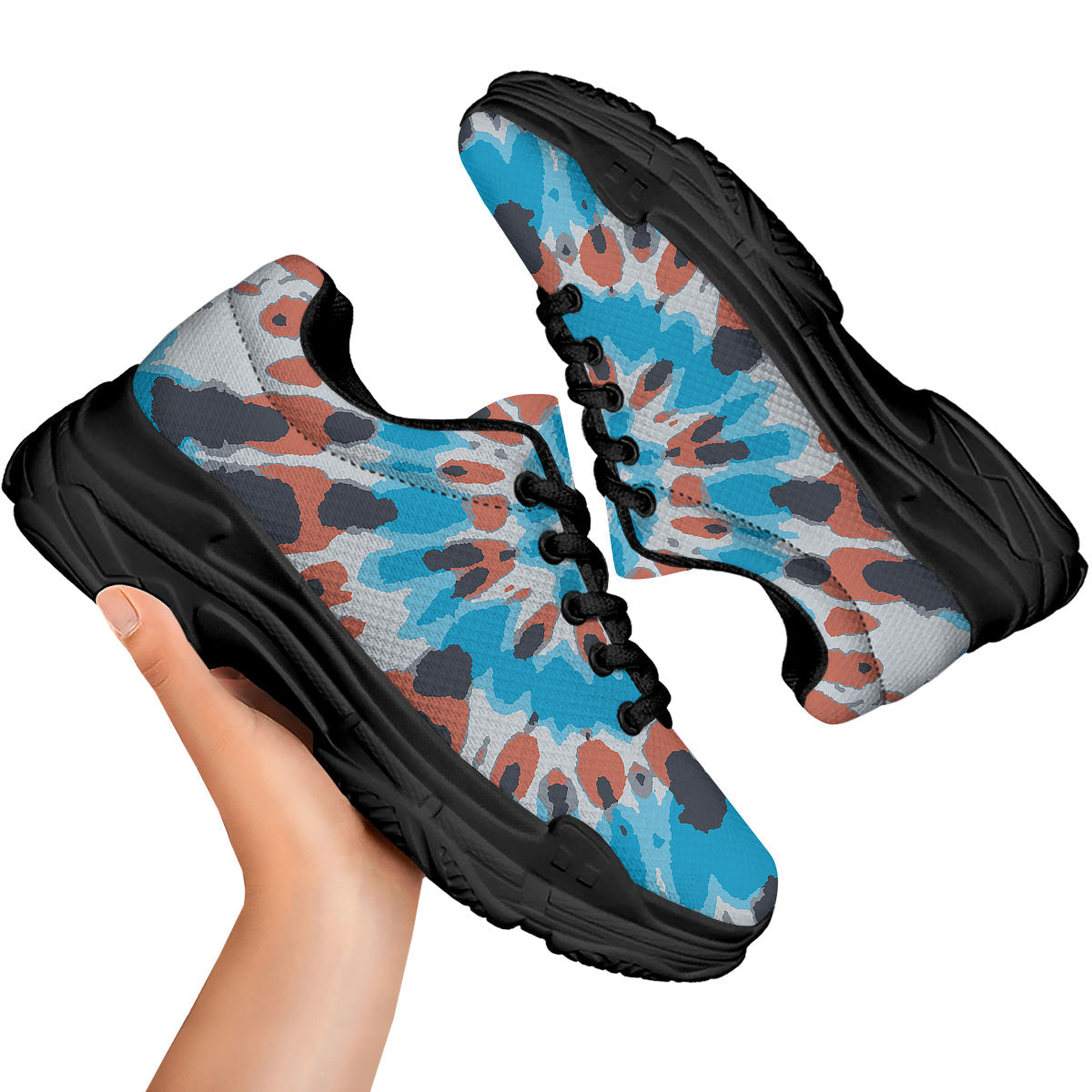 Tie Dye Orange And Blue Print Black Chunky Shoes-grizzshop