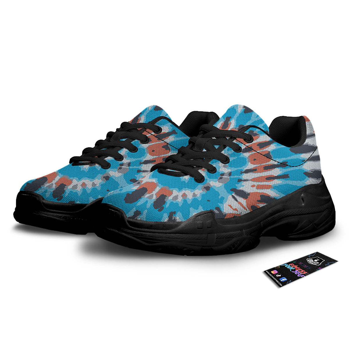 Tie Dye Orange And Blue Print Black Chunky Shoes-grizzshop
