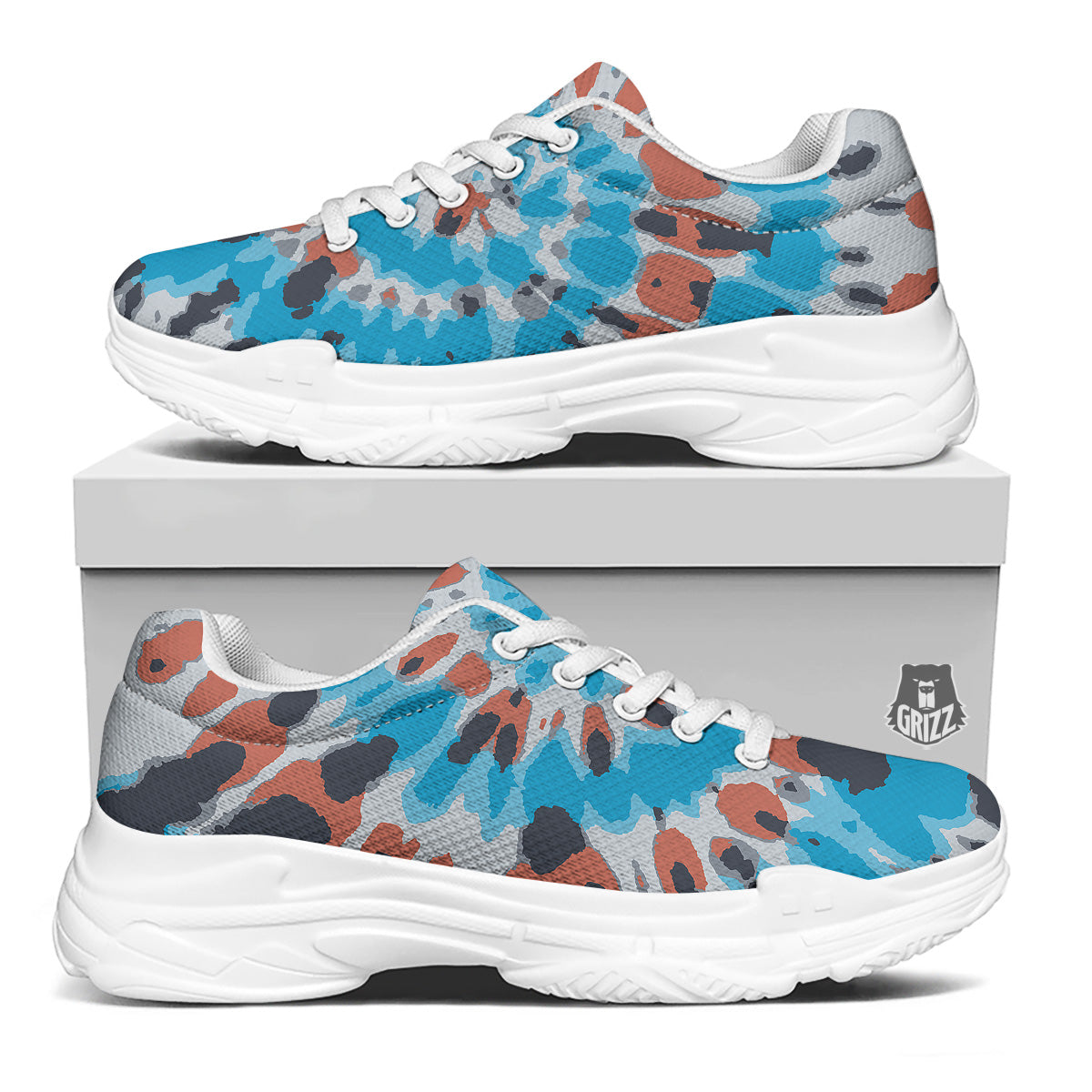 Tie Dye Orange And Blue Print White Chunky Shoes-grizzshop