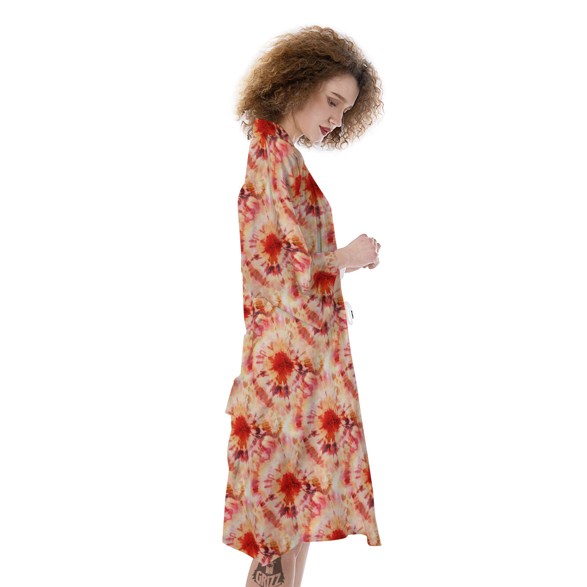 Tie Dye Orange And Red Color Print Kimono-grizzshop