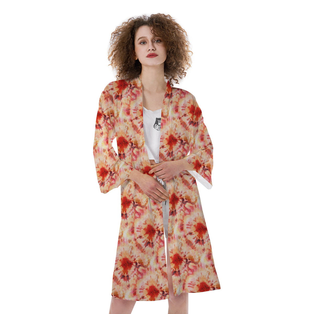 Tie Dye Orange And Red Color Print Kimono-grizzshop