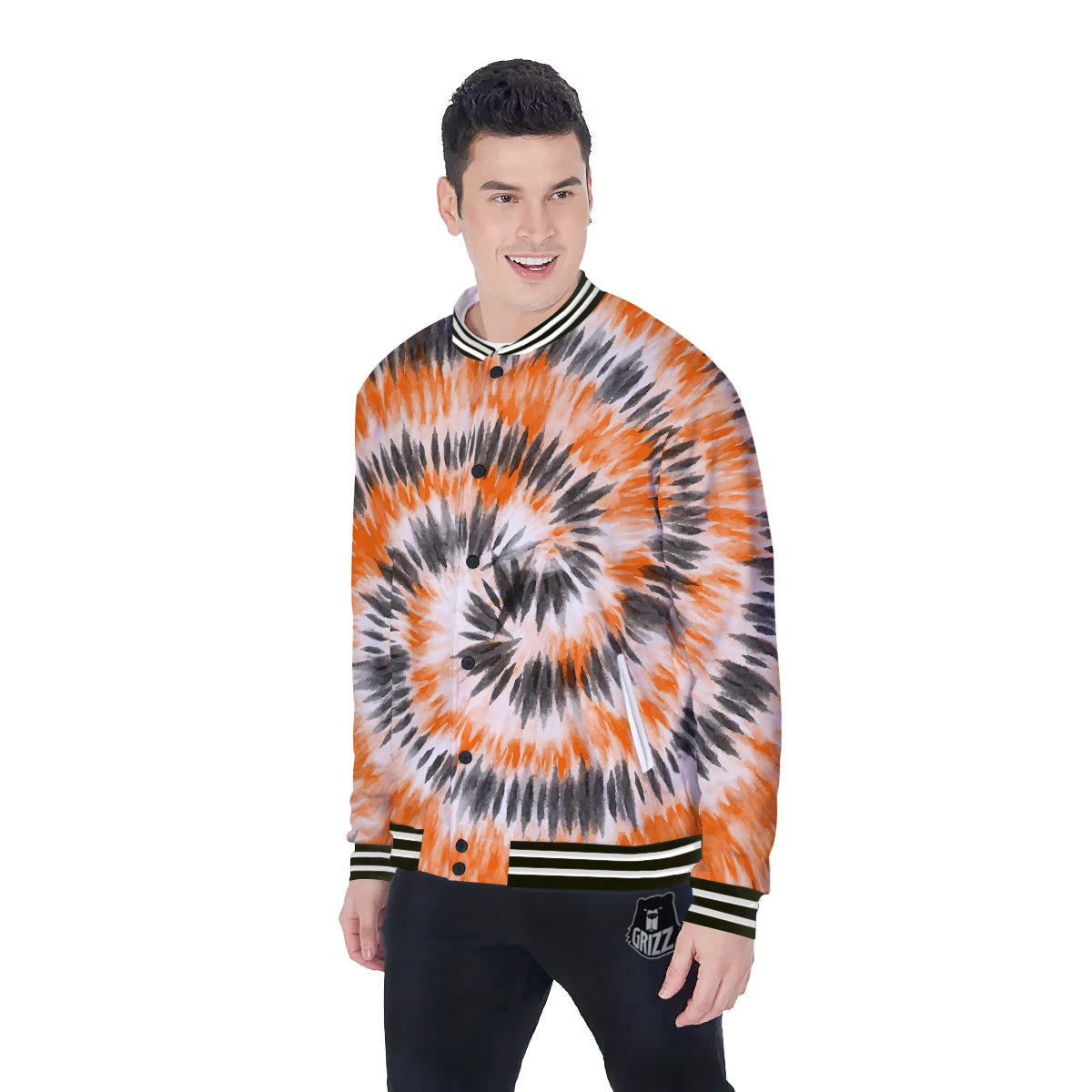 Tie Dye Orange Black Watercolor Print Baseball Jacket-grizzshop