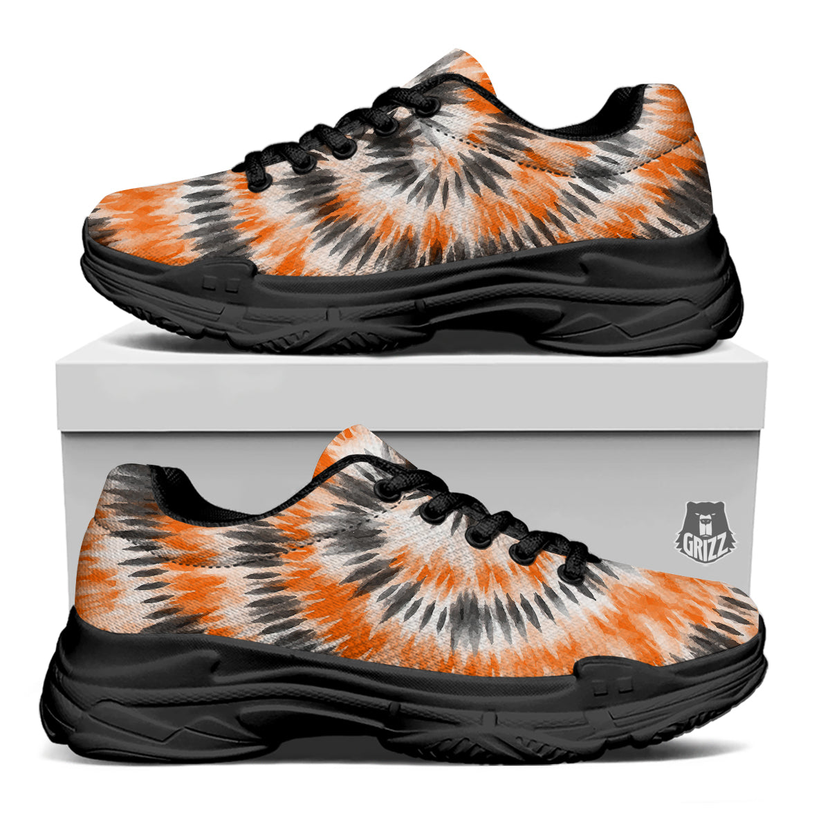 Tie Dye Orange Black Watercolor Print Black Chunky Shoes-grizzshop