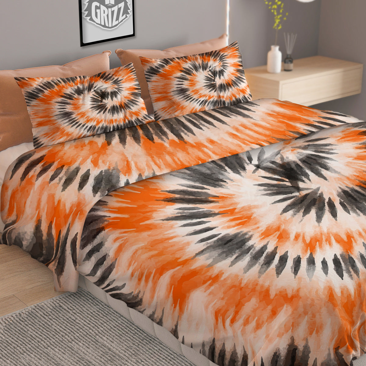 Tie Dye Orange Black Watercolor Print Duvet Cover Bedding Set