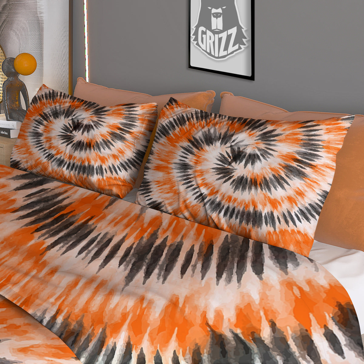 Tie Dye Orange Black Watercolor Print Duvet Cover Bedding Set