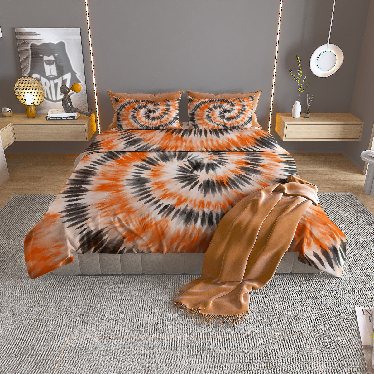 Tie Dye Orange Black Watercolor Print Duvet Cover Bedding Set