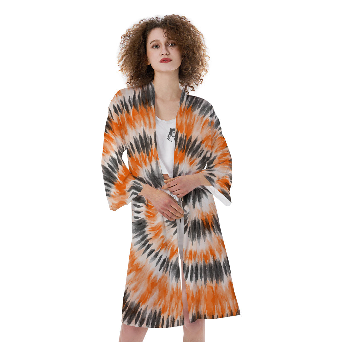 Tie Dye Orange Black Watercolor Print Kimono-grizzshop