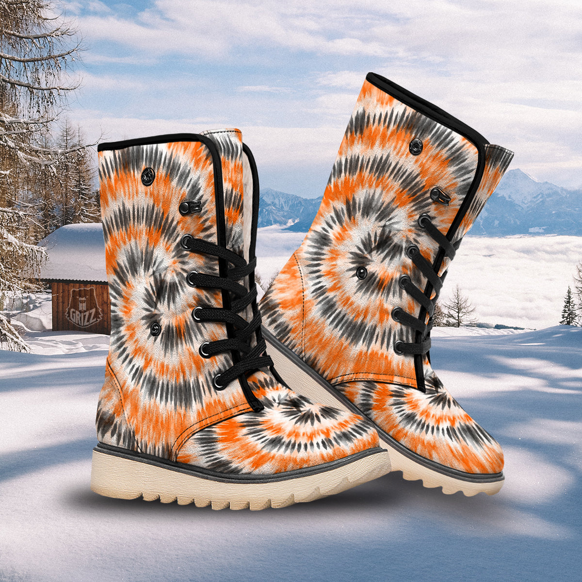 Tie Dye Orange Black Watercolor Print Snow Boots-grizzshop