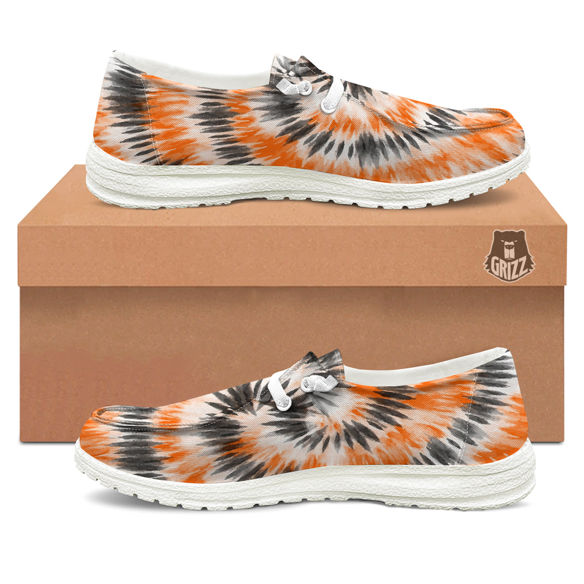 Tie Dye Orange Black Watercolor Print White Loafers-grizzshop