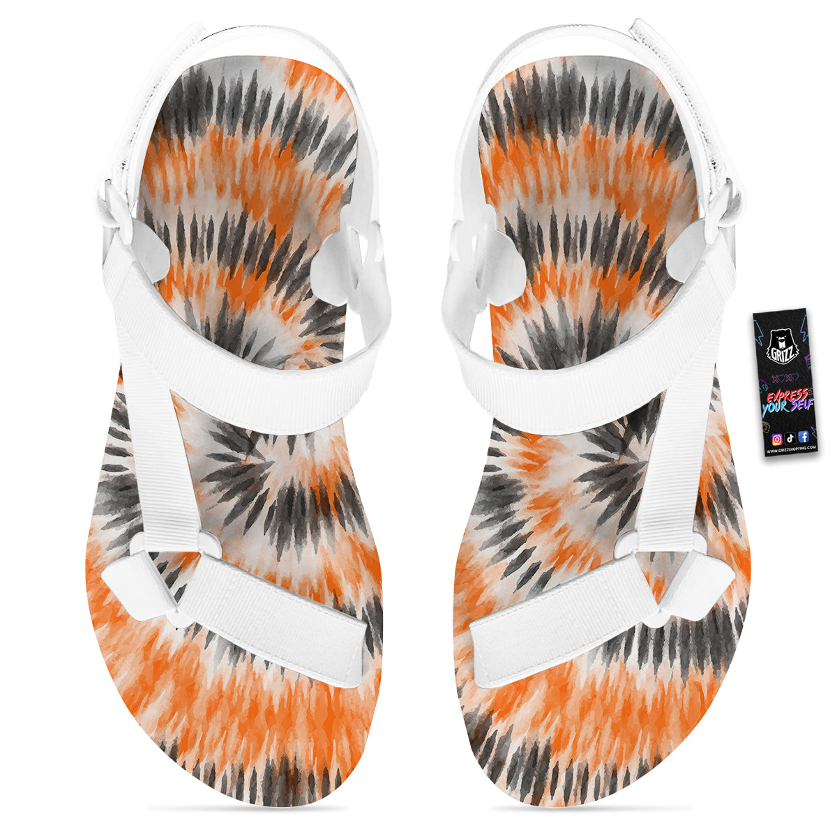 Tie Dye Orange Black Watercolor Print White Open Toe Sandals-grizzshop
