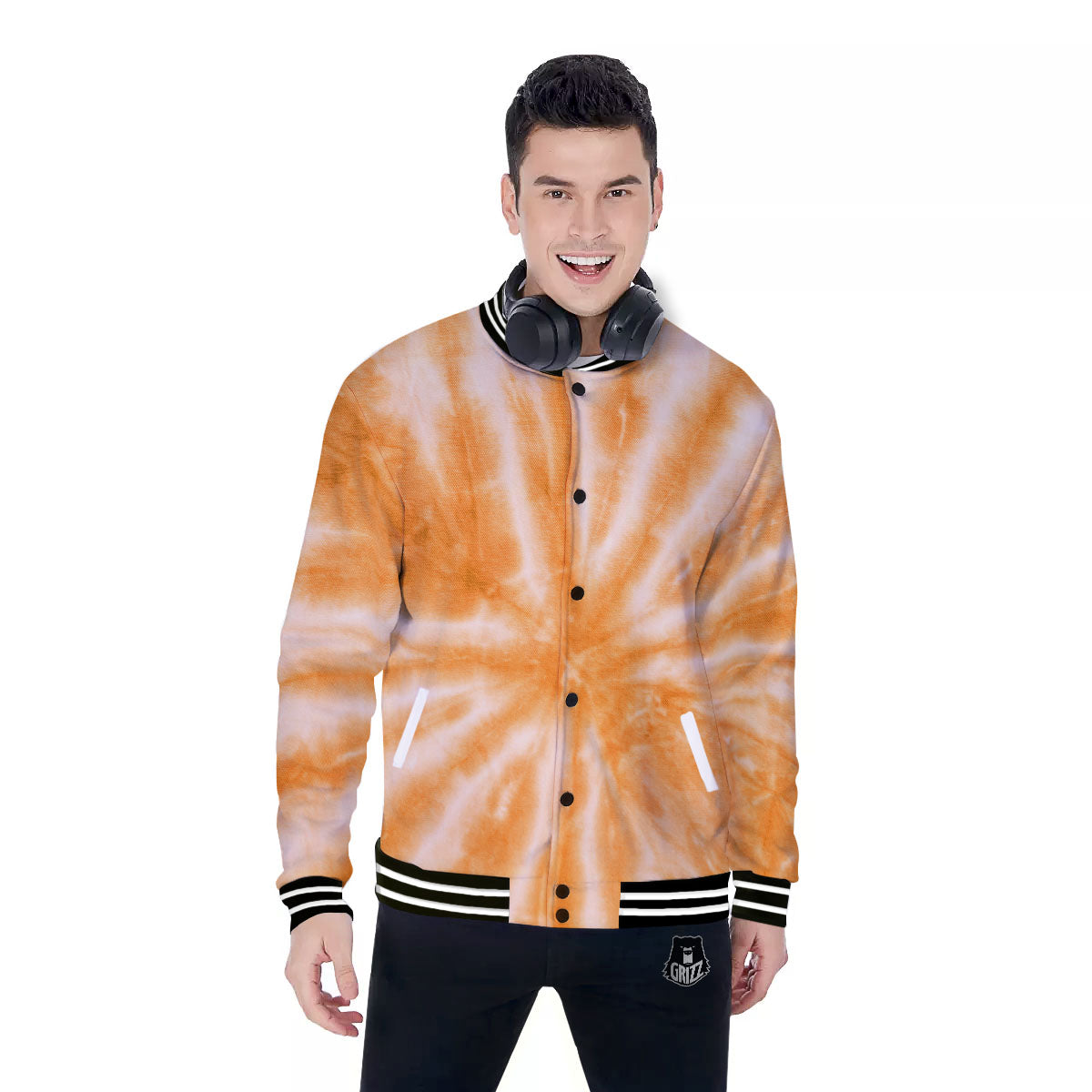 Tie Dye Orange Print Baseball Jacket-grizzshop