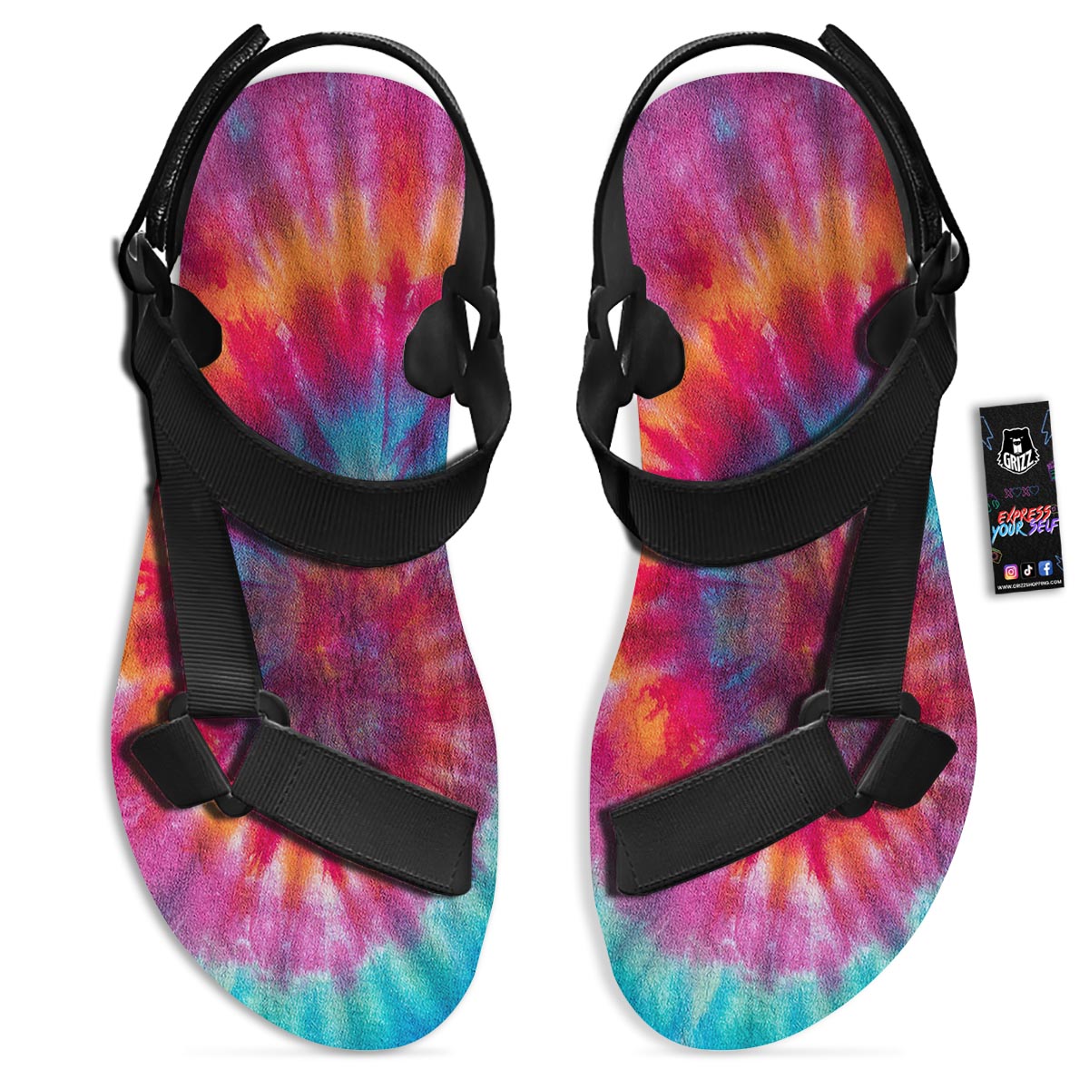 Tie Dye Pattern Print Black Open Toe Sandals-grizzshop