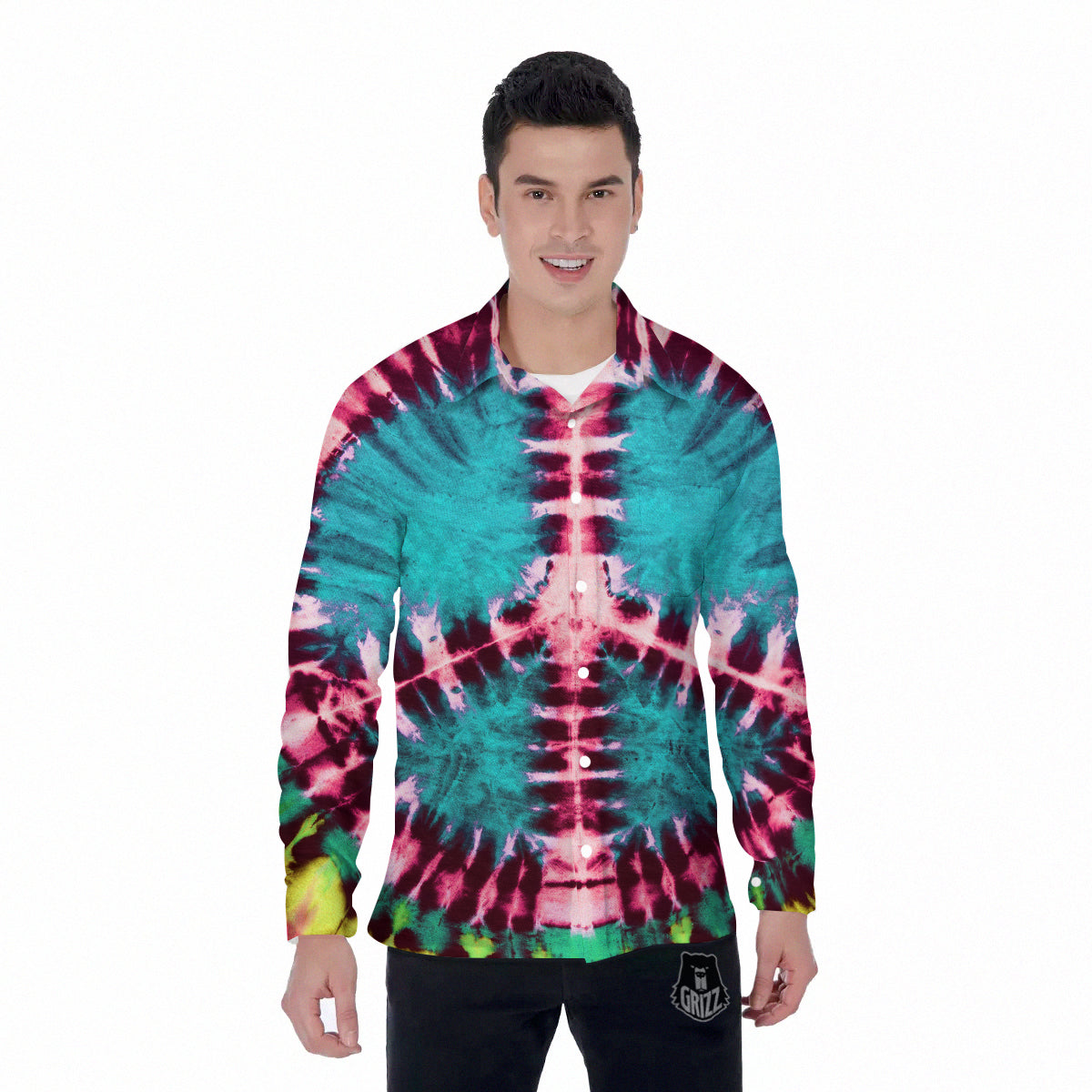 Tie Dye Peace Sign Print Men's Long Sleeve Shirts-grizzshop