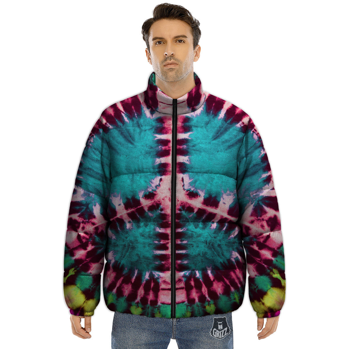 Tie Dye Peace Sign Print Puffer Jacket-grizzshop