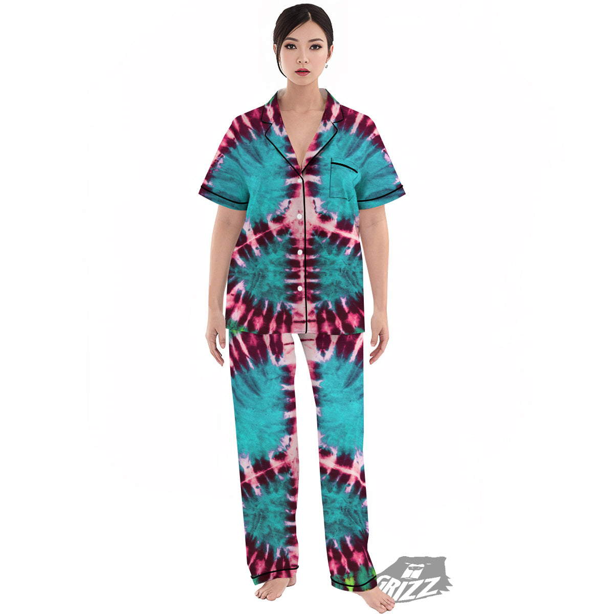 Tie Dye Peace Sign Print Women's Pajamas Set-grizzshop