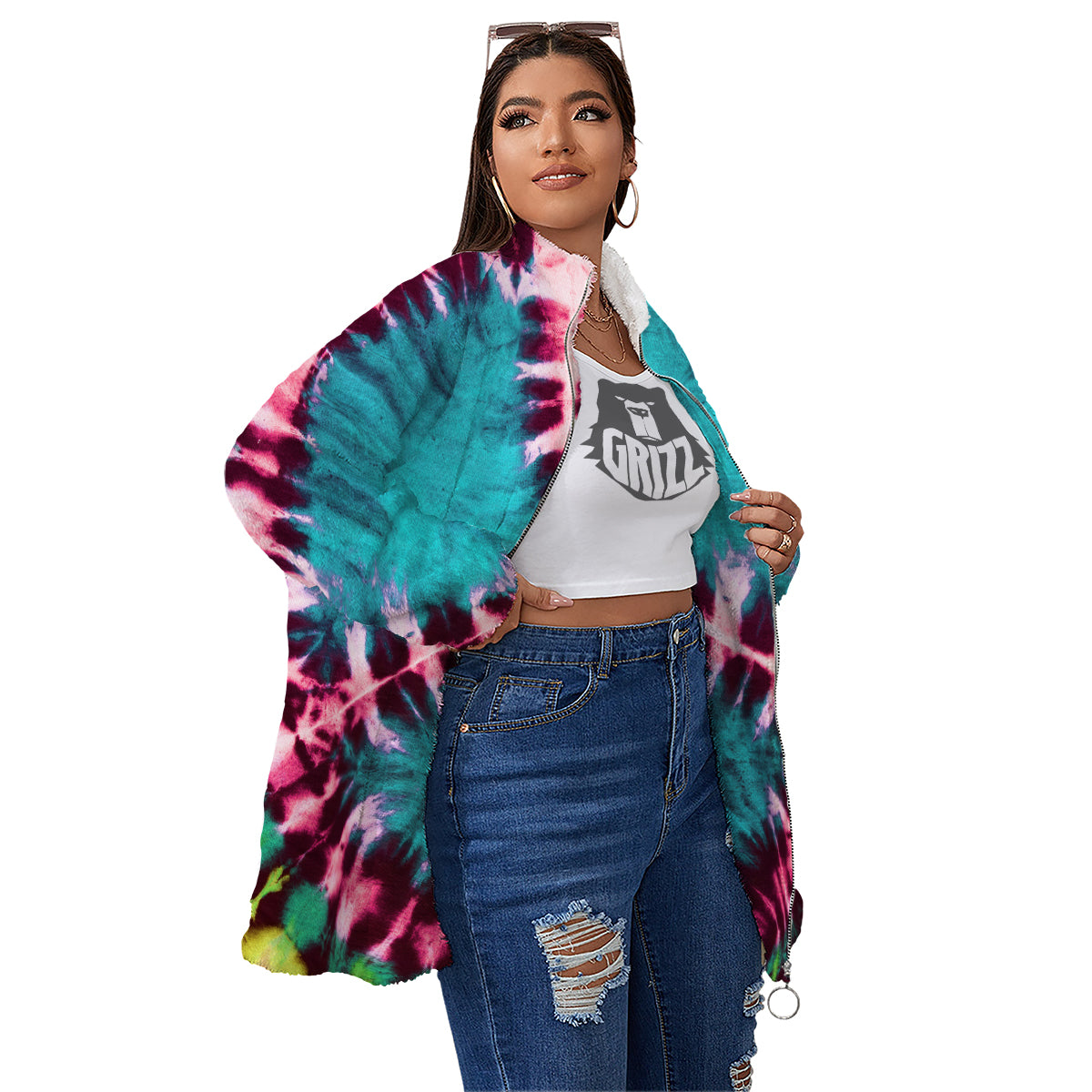 Tie Dye Peace Sign Print Women's Sherpa Jacket-grizzshop