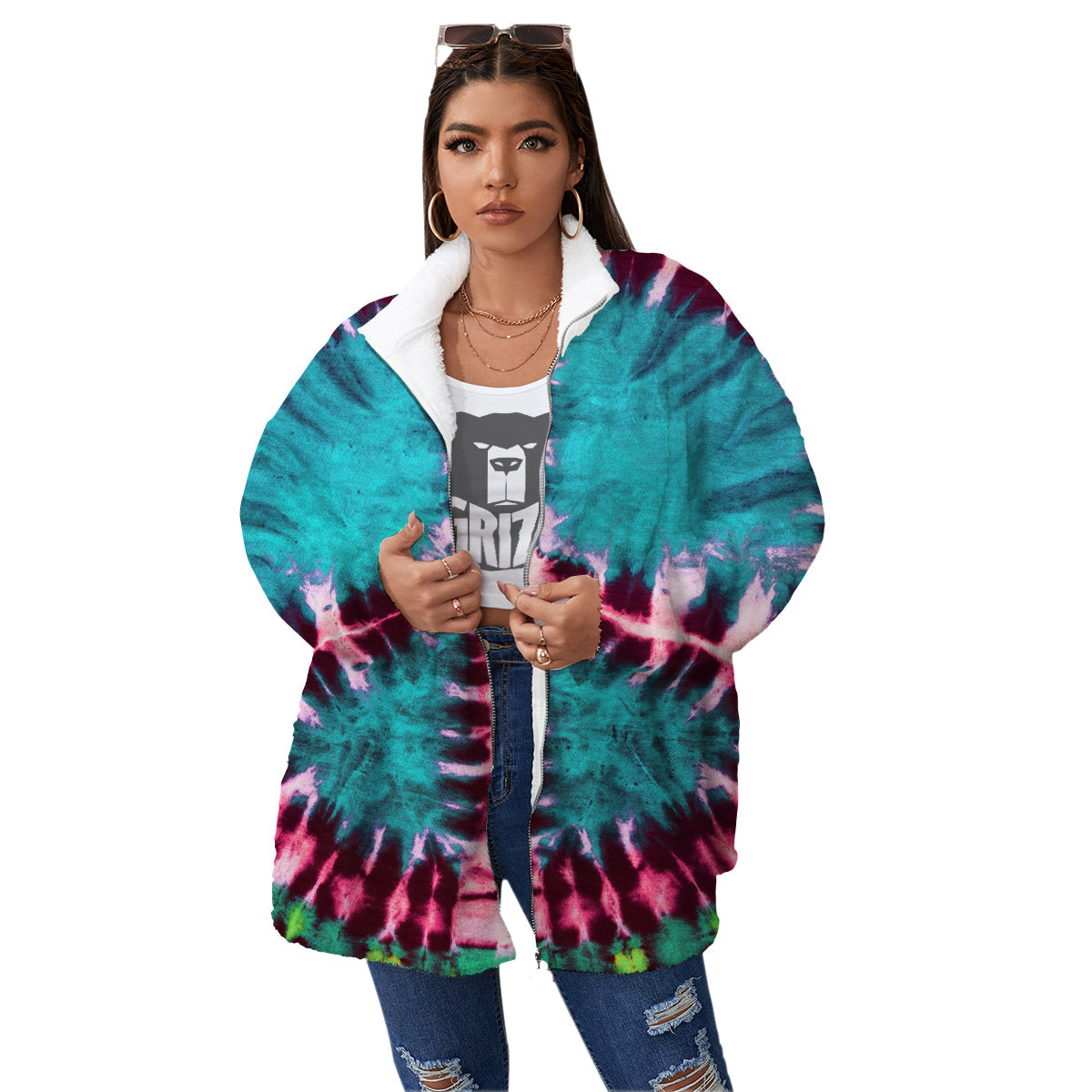Tie Dye Peace Sign Print Women's Sherpa Jacket-grizzshop