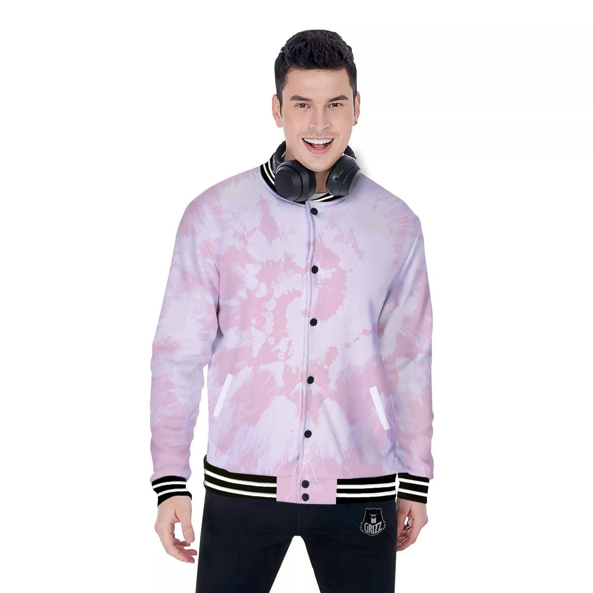Tie Dye Pink Print Baseball Jacket-grizzshop