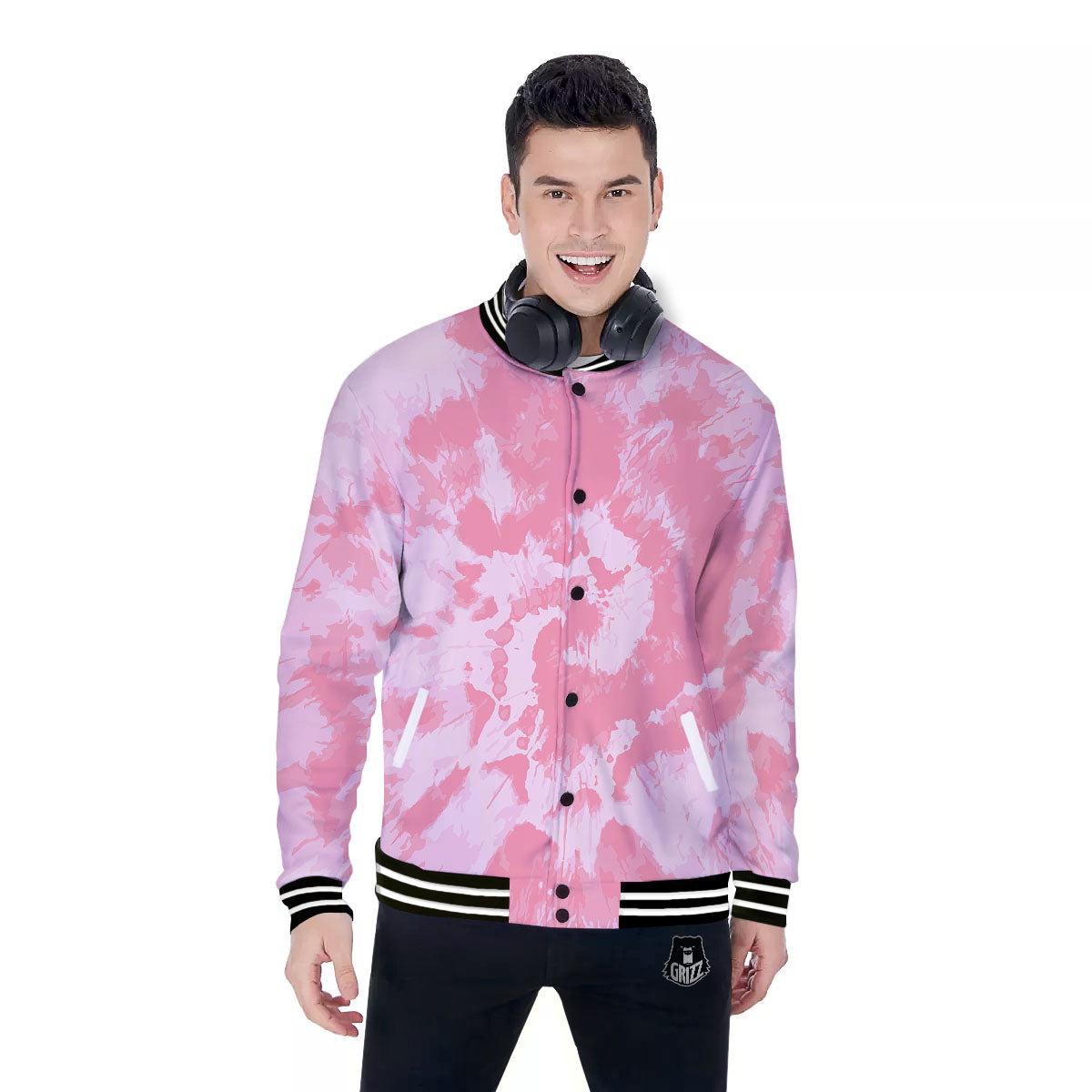 Tie Dye Pink Shibori Print Baseball Jacket-grizzshop