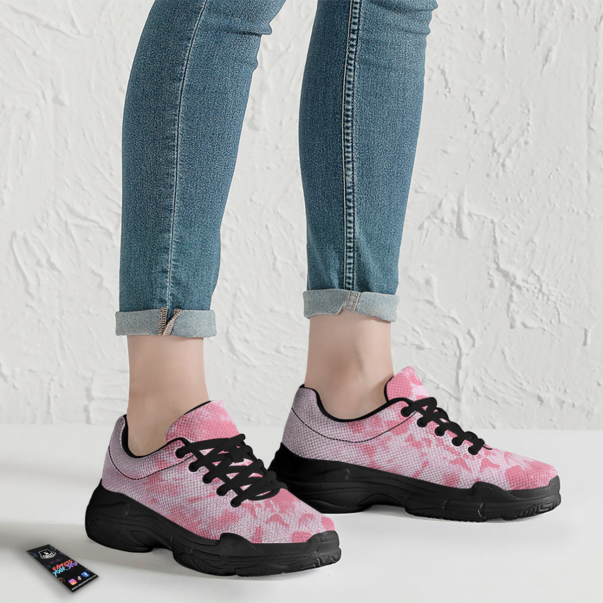 Tie Dye Pink Shibori Print Black Chunky Shoes-grizzshop