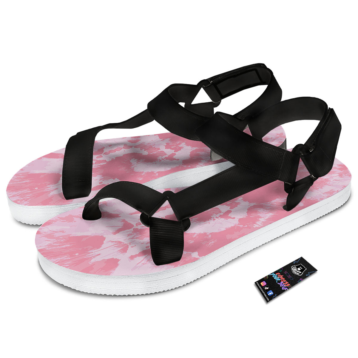 Tie Dye Pink Shibori Print Black Open Toe Sandals-grizzshop