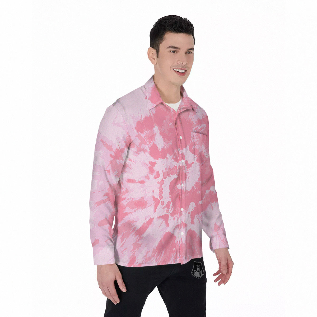 Tie Dye Pink Shibori Print Men's Long Sleeve Shirts-grizzshop