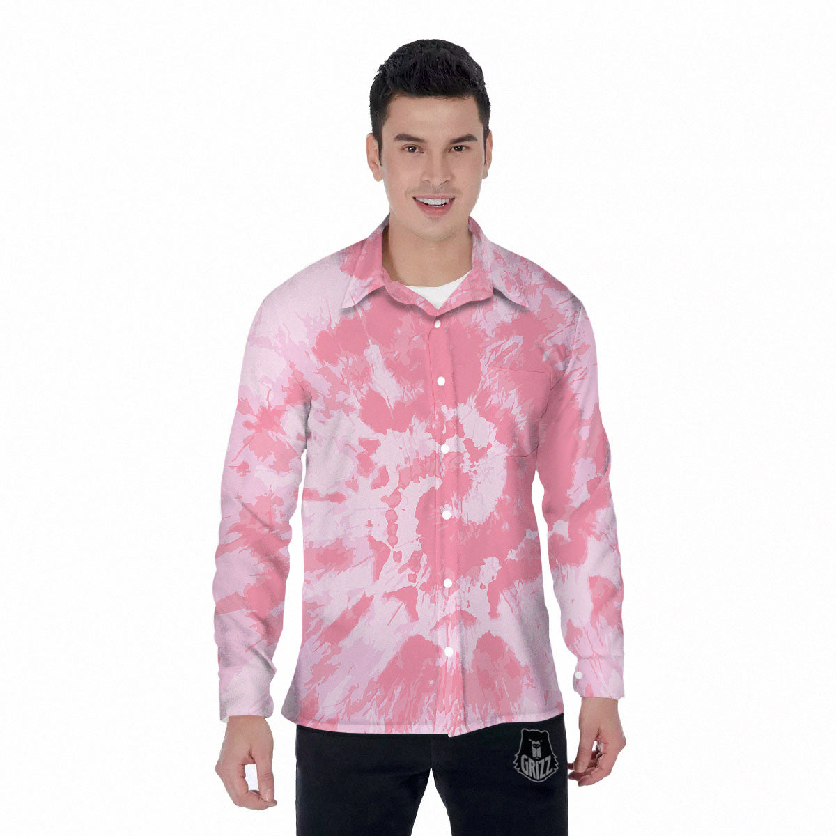 Tie Dye Pink Shibori Print Men's Long Sleeve Shirts-grizzshop