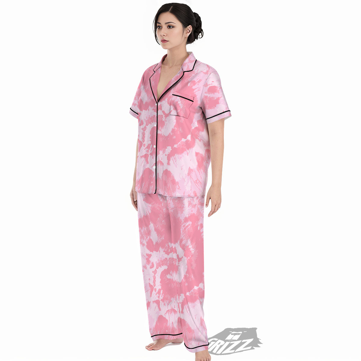 Tie Dye Pink Shibori Print Women's Pajamas Set-grizzshop