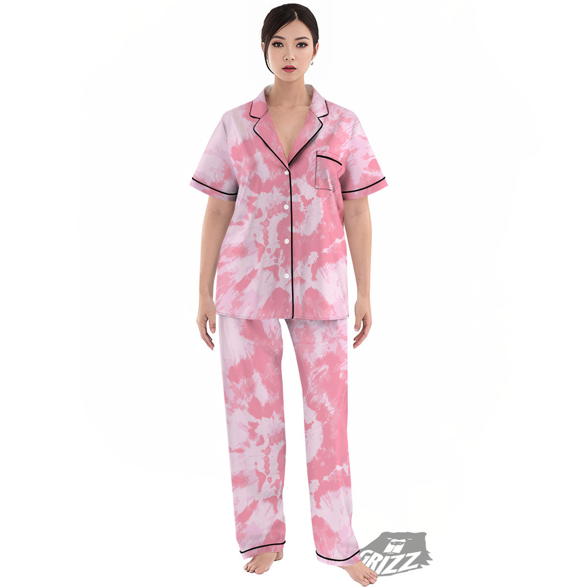 Tie Dye Pink Shibori Print Women's Pajamas Set-grizzshop