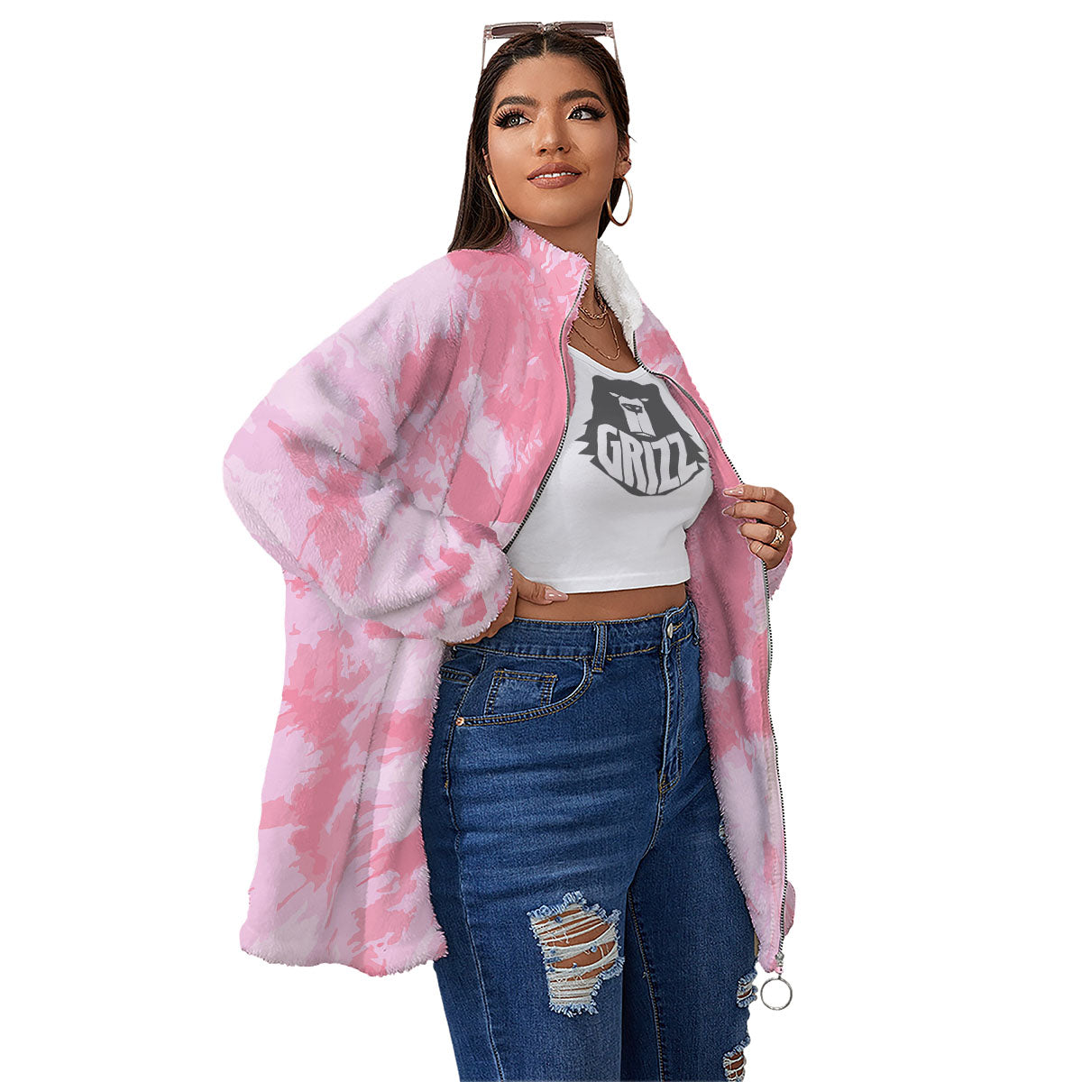 Tie Dye Pink Shibori Print Women's Sherpa Jacket-grizzshop