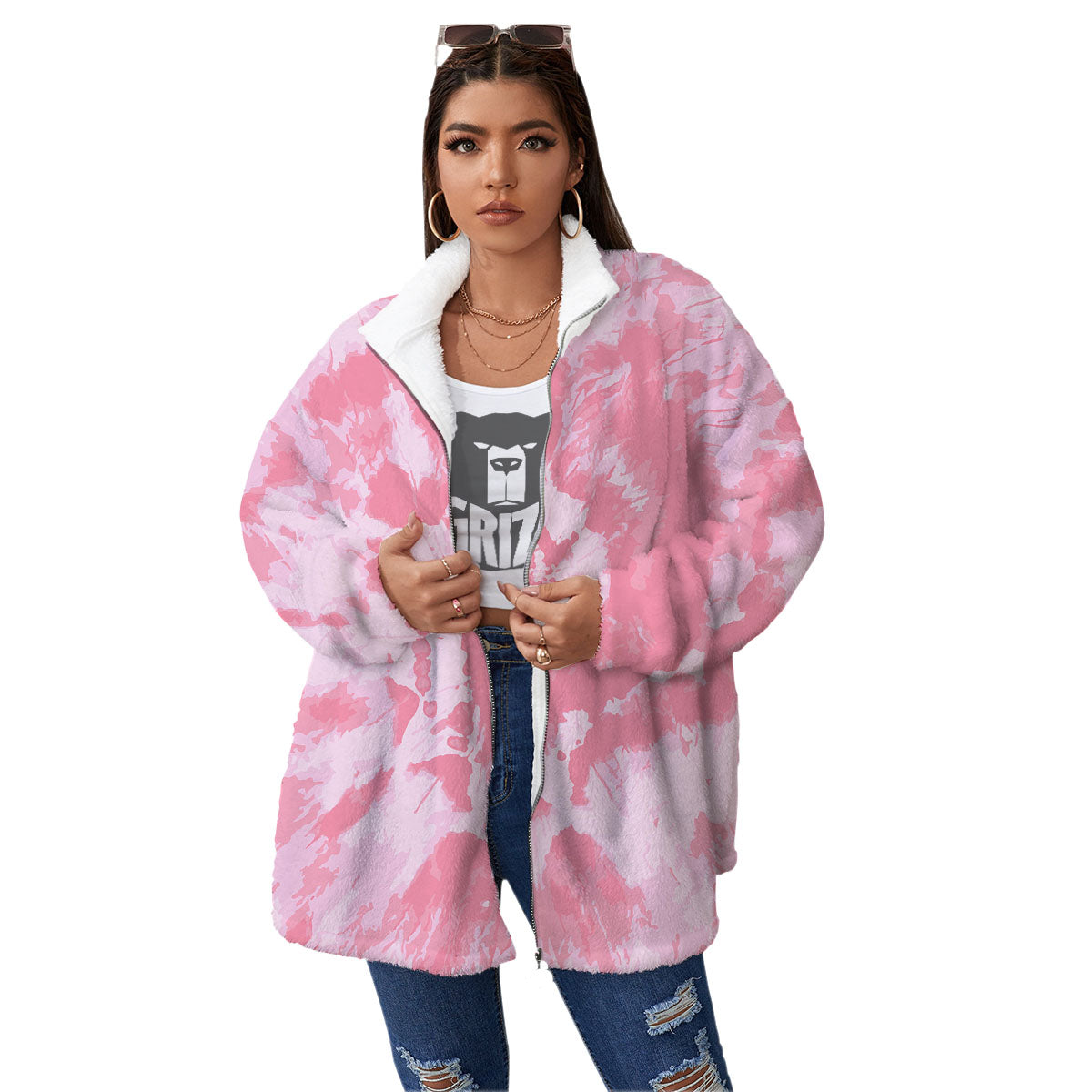 Tie Dye Pink Shibori Print Women's Sherpa Jacket-grizzshop