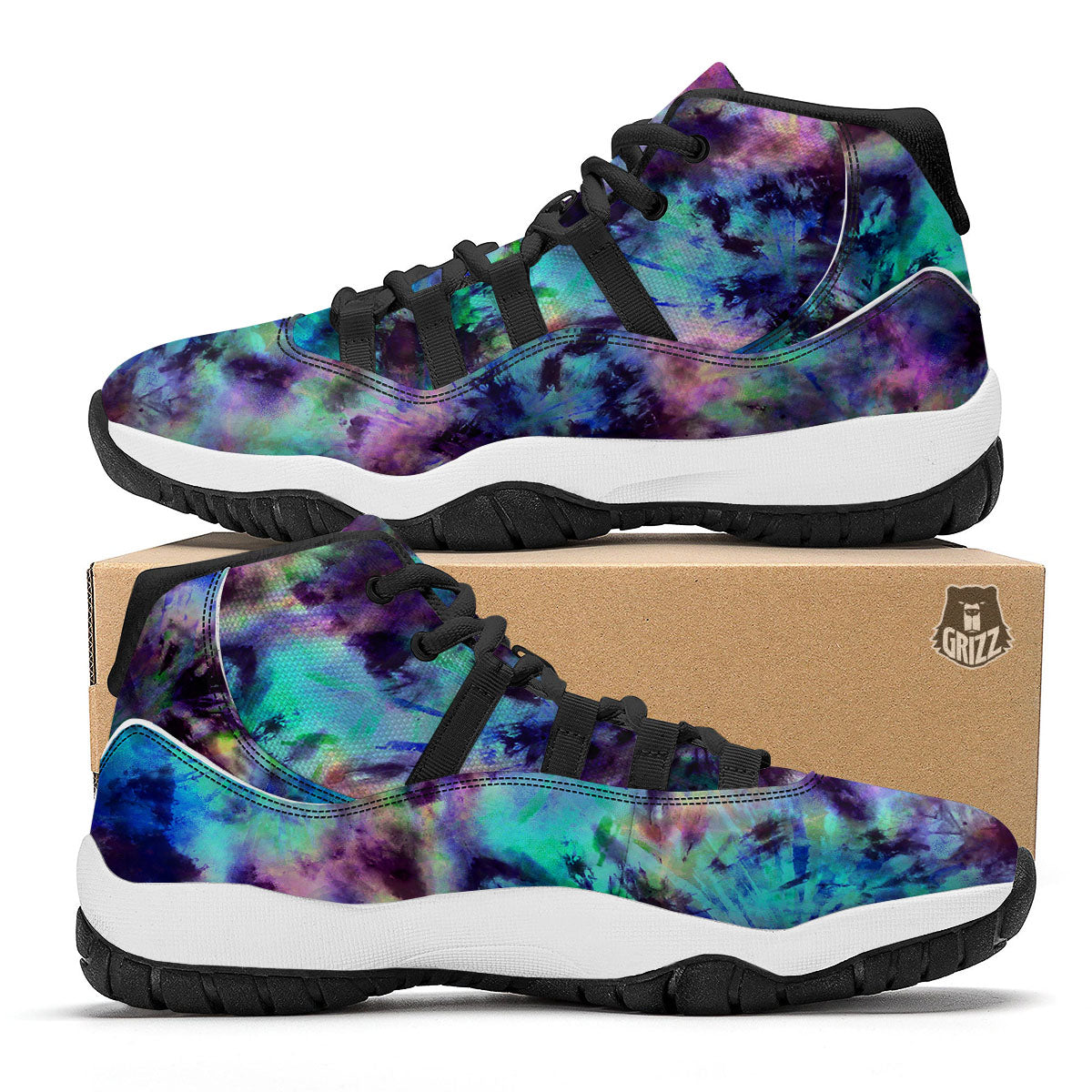 Tie Dye Rainbow And Black Print Black Bball Shoes-grizzshop