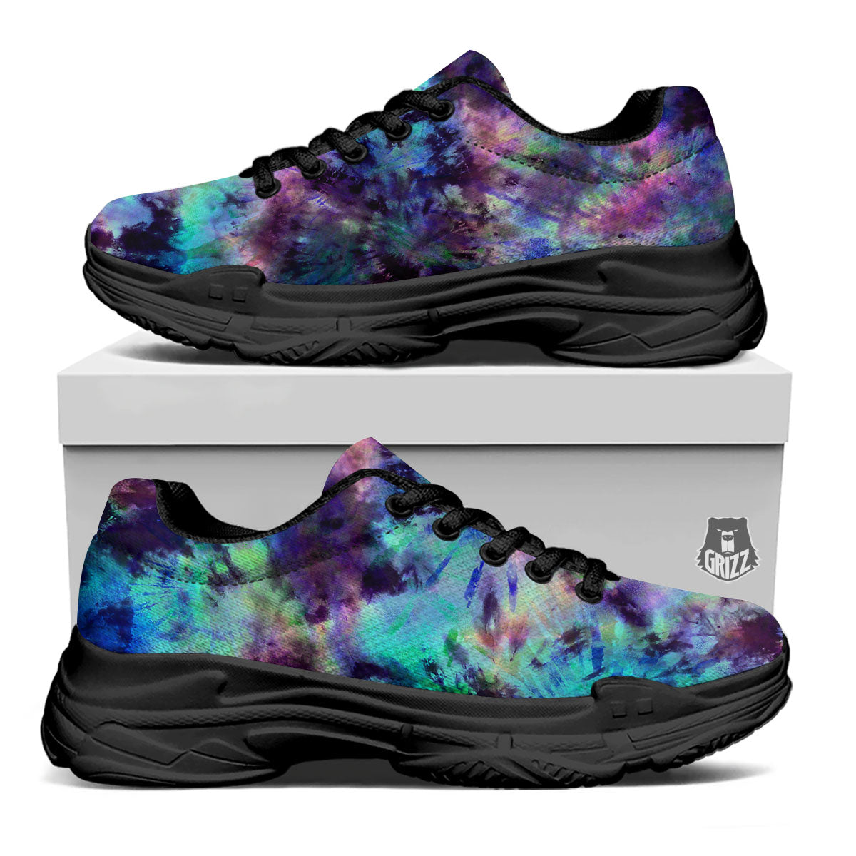 Tie Dye Rainbow And Black Print Black Chunky Shoes-grizzshop