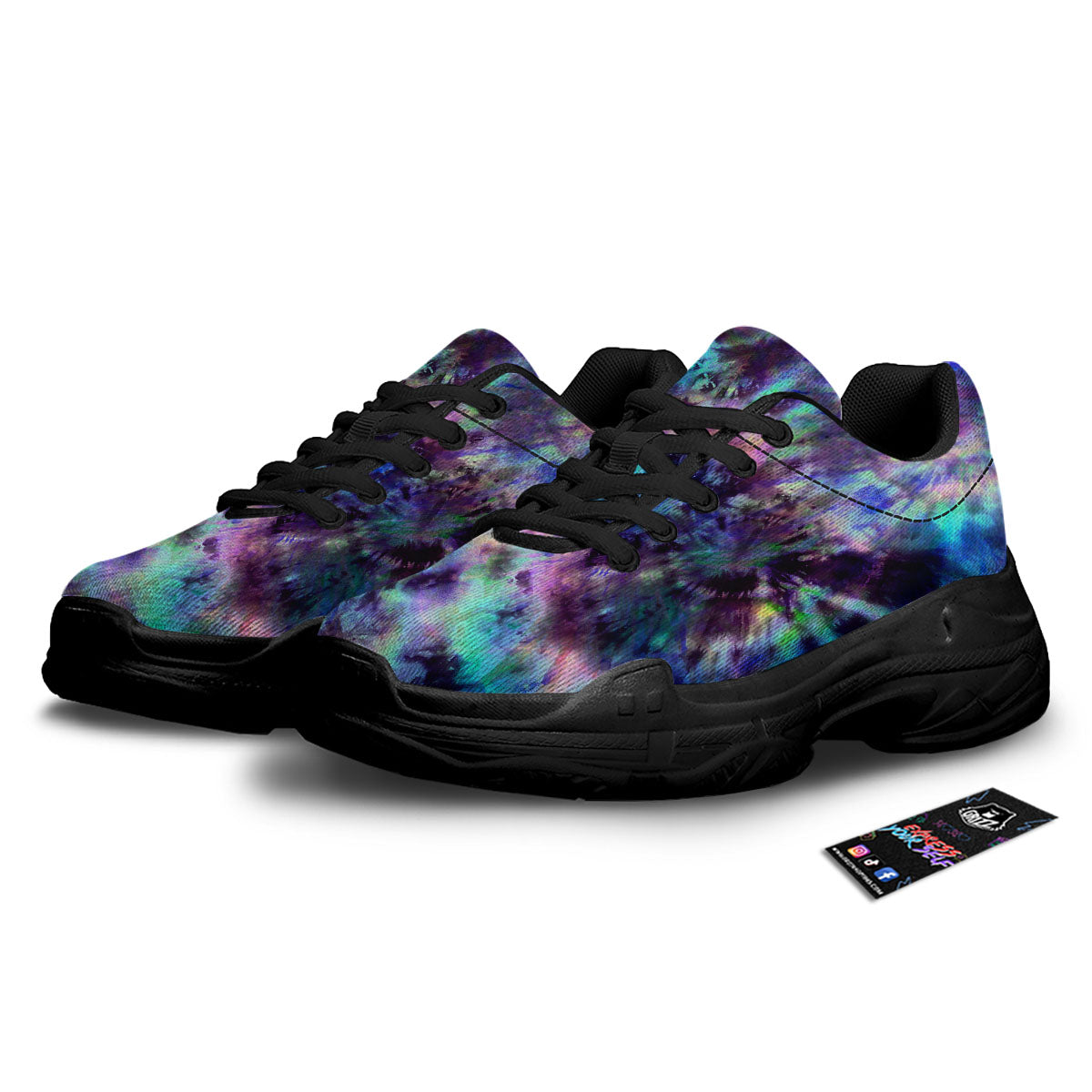 Tie Dye Rainbow And Black Print Black Chunky Shoes-grizzshop