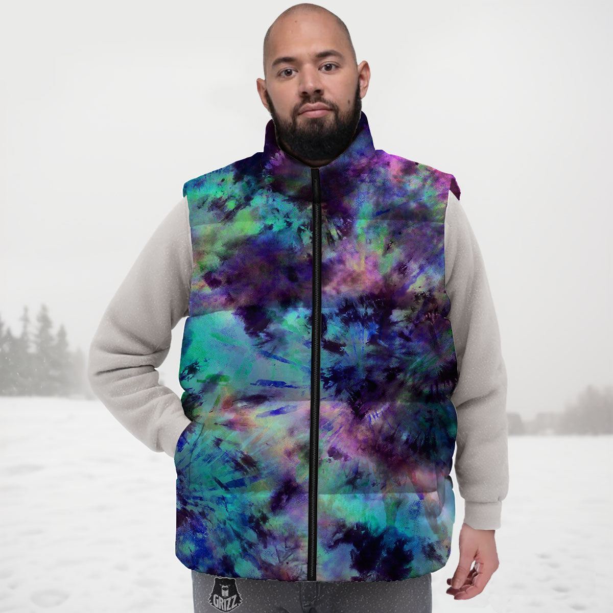 Tie Dye Rainbow And Black Print Down Vest