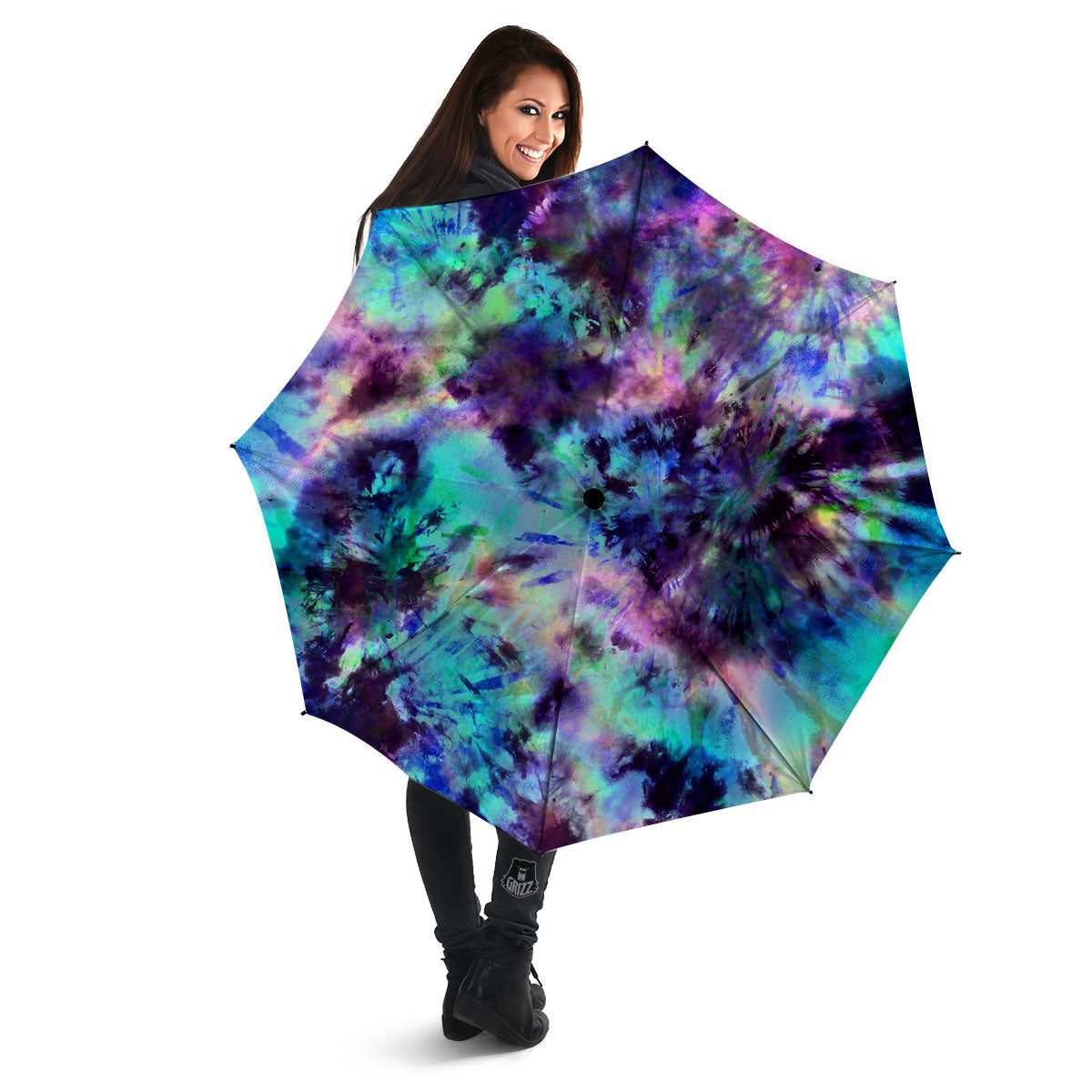 Tie Dye Rainbow And Black Print Umbrella-grizzshop