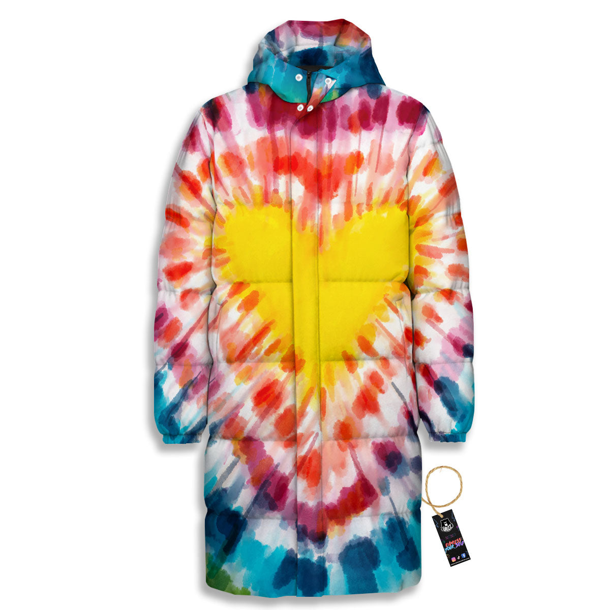Tie Dye Rainbow Heart Print Long Down Jacket-grizzshop