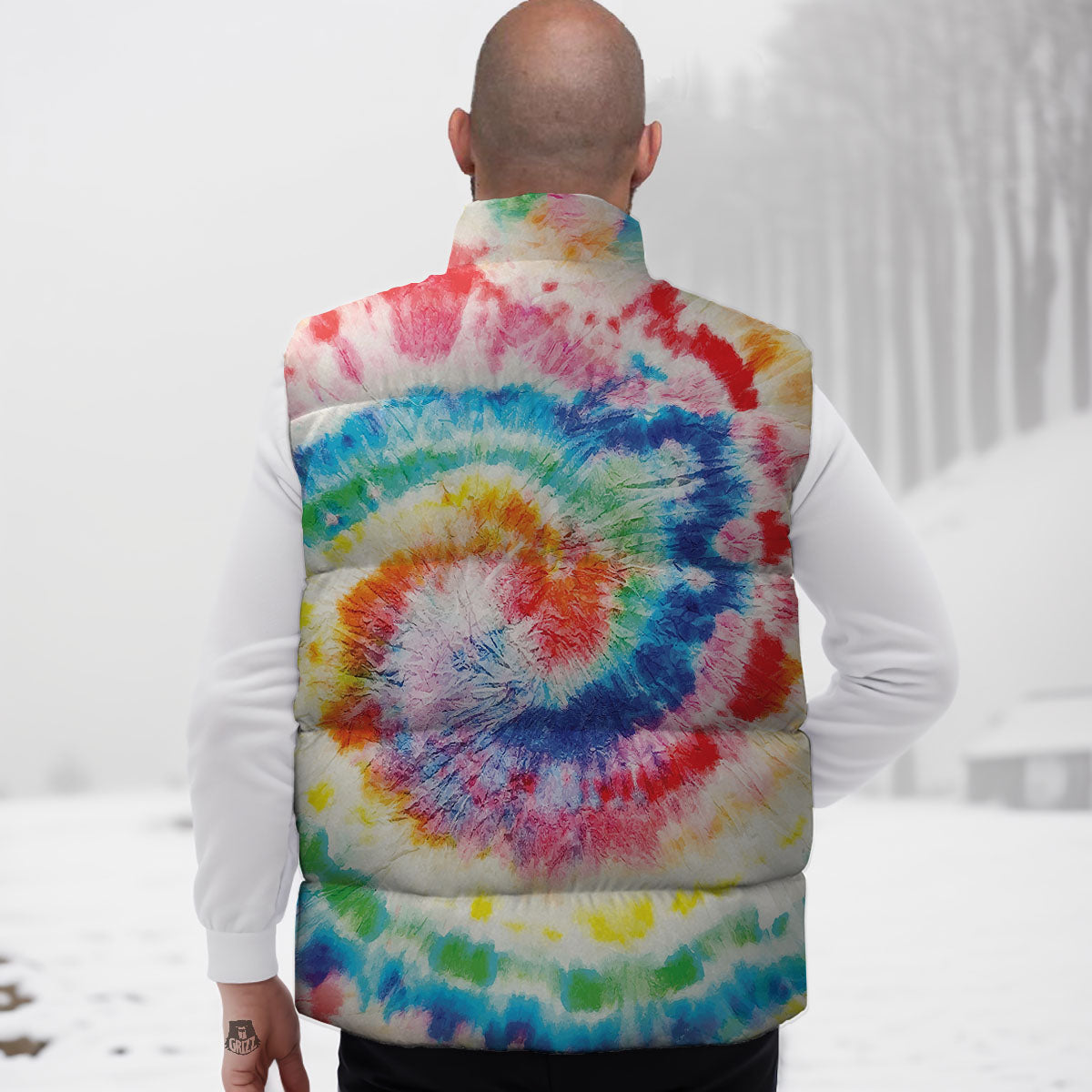 Tie Dye Rainbow Spiral Print Down Vest