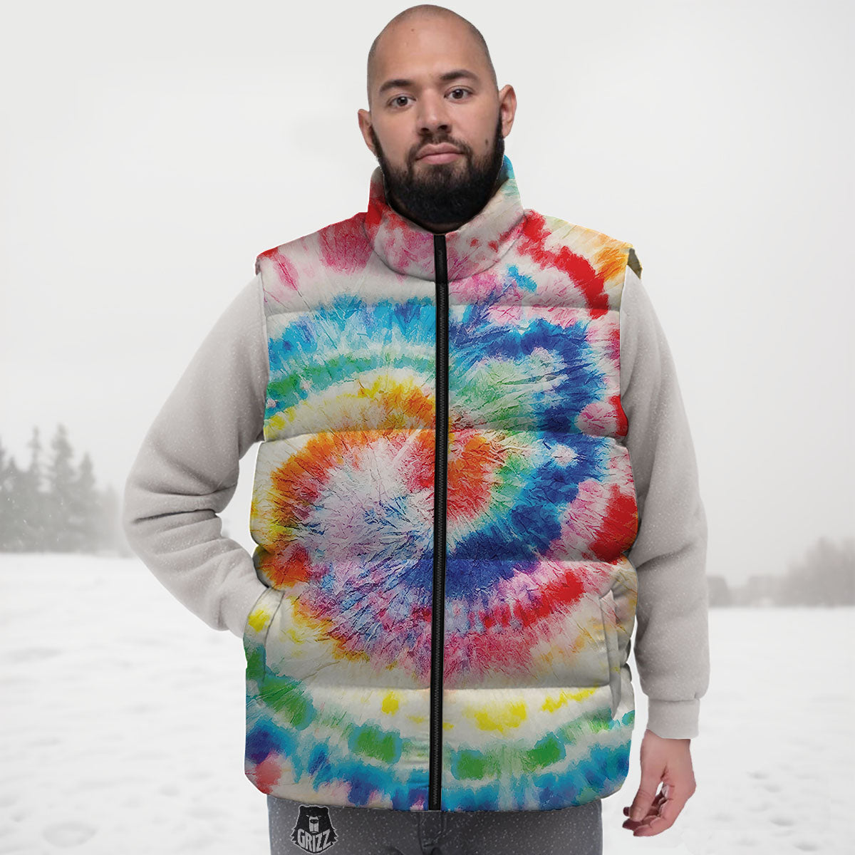 Tie Dye Rainbow Spiral Print Down Vest