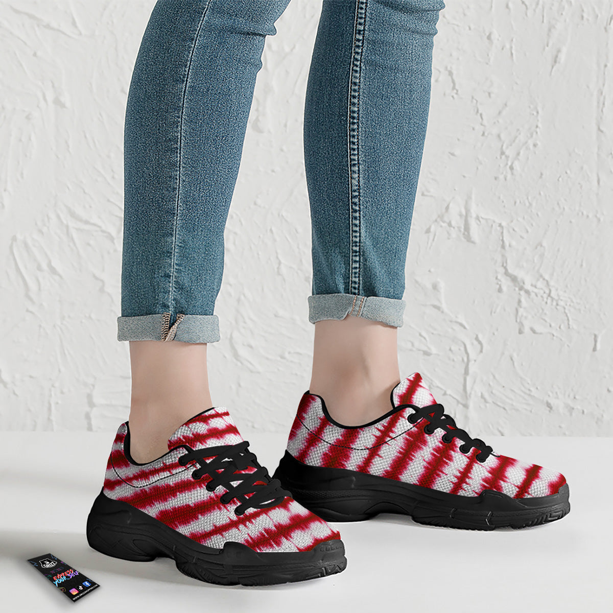 Tie Dye Red Stripe Print Pattern Black Chunky Shoes-grizzshop